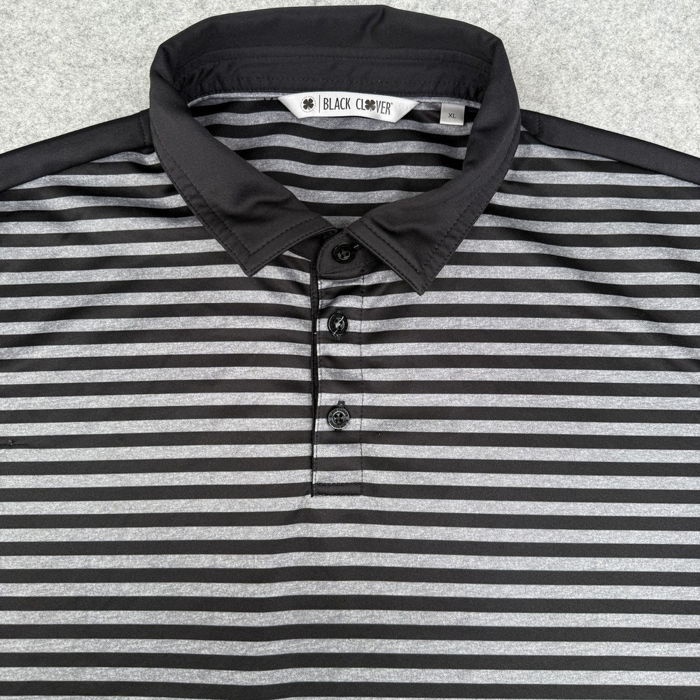 Black Clover Polo Shirt Mens XL Black Gray Striped Golf‎ Performance Lucky BC